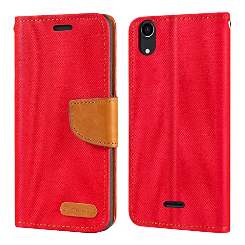 Shantime Étui Portefeuille Tissu Oxford Compatible avec Wiko Rainbow Lite 4G, Coque Magnétique Durable avec Fentes Cartes et Support(Rouge)