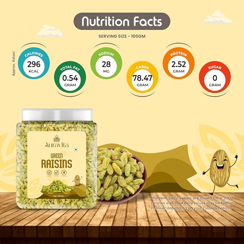 Image of Auravita Healthy Green Raisins 1kg | 100% Natural Dried Grapes (Kishmish) | Nutritious, Delicious & Healthy Snack | Source of Fibre in Nuts | No Preservatives in Dry Fruit