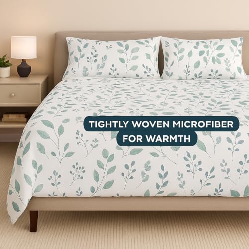 Image of King Size Bedsheet - Tranquil Green Petals Design - 108 x 108 Inches - Brushed Microfiber Flat Sheet with 2 Pillow Covers - Cooling, Wrinkle-Free & Fade-Resistant