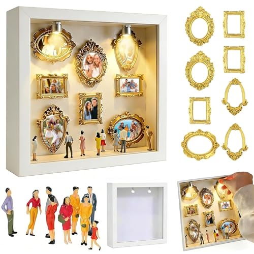DIY Mini Museum Bilderrahmen Mini Figuren Menschen Museum Silhouette Box mit Golden Rahmen & LED Licht Miniatur Menschen Bilderrahmen Vintage für Deko Wohnzimmer Schlafzimmer