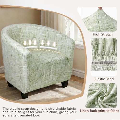Image of SearchI Club Chair Slipcover Stretch Barrel Chair Covers Printed Tub Chair Slipcovers Soft Spandex Armchair Sofa Cover Removable Couch Furniture Protector for Living Room (Green Linen-Look Print)