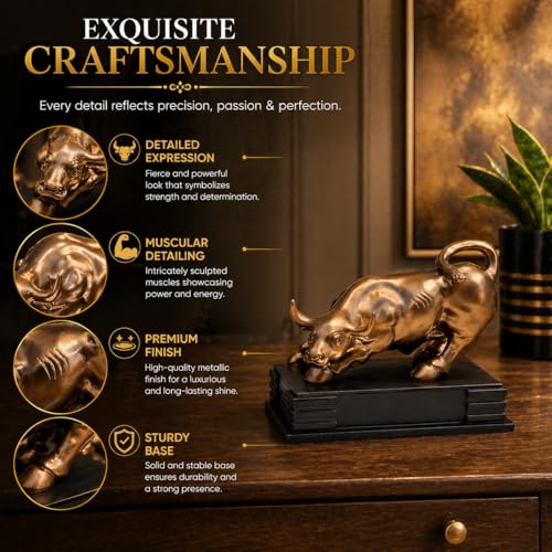 Image of ARMONIA Golden Charging Bull Statue (23 * 28.5cm) | Polystone Bull Sculpture Showpiece Wall Street Bull for Home Decor, Stock Market & Trading Desk Symbol of Business Growth
