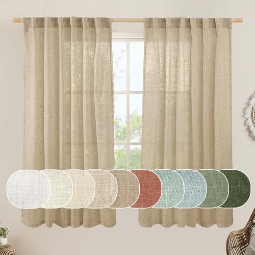 LAMIT Faux Linen Curtains 63 inches Long for Bedroom, Back Tab and Rod Pocket Linen Drapes Light Filtering Semi Sheer Curtains for Small Window/Farmhouse, 2 Panels (52 x 63 Inch, Brown)