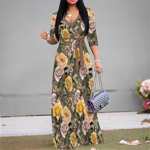 Image of PinkPatty Women's Plus Size Maxi Dress Casual 3 /4 Sleeve Dress with Belt | Soft stretch feel, printed style, flowy A-line fit, v neck, waist tie, side pockets, for vacation, party and daily wear