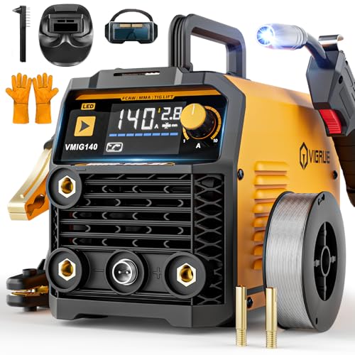 VIGRUE 140A MIG Welder, 110V IGBT Inverter Welder, Flux Core MIG/Lift TIG/Stick/MIG 3 in 1 Welding Machine with Synergic Control, LED Display & Full Kit (Welder Helmet, Gloves)
