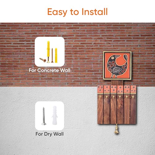 Image of AAKRITI ART CREATIONS Key Holder, Pichhwai Handcrafted Tiles Key Holder Panel Hooks | Rustic Wood Wall Organizer with 6 Hooks | New Home Gifts | Multifunctional Entryway Decor.