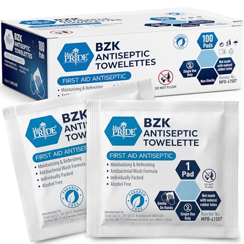 MED PRIDE BZK Antiseptic Towelettes Individually Wrapped First Aid Cleansing Wipes Alcohol-Free Non-Sterile Single Use For Skin Cleansing & Prep (100 5 x 7)