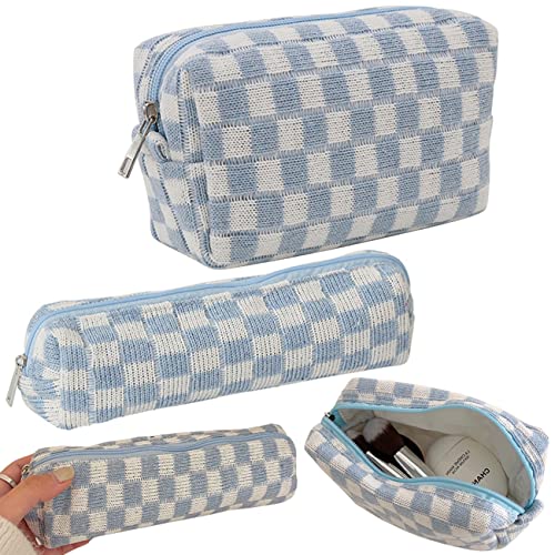 Checkered Makeup Bag, 2 Pieces Makeup Bag Cosmetic Bag for Women, Blue Checkered Travel Toiletry Bag with Zipper, Portable Plaid Large Capacity Purse with Cute Cosmtic Bag