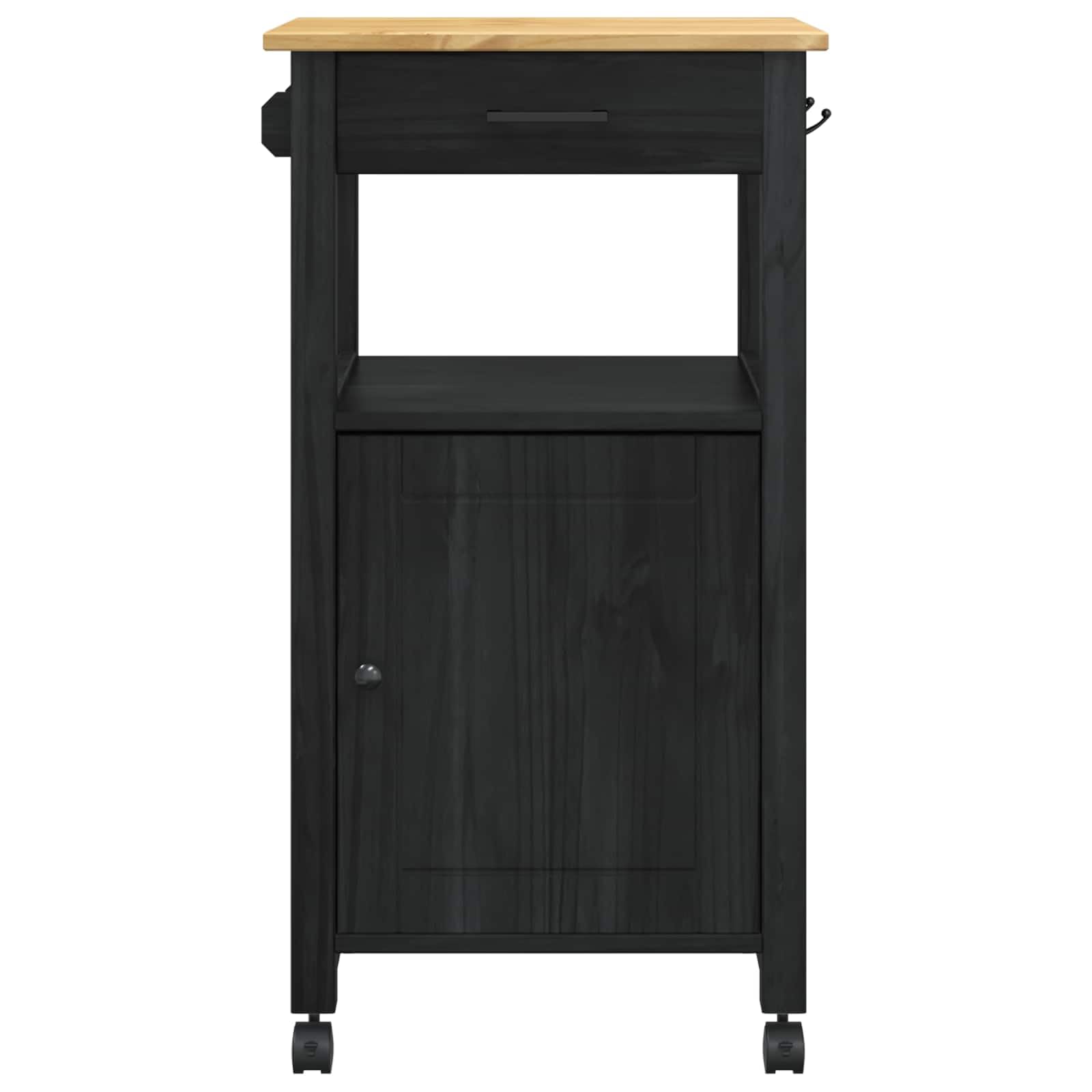Wózek kuchenny z litego drewna sosnowego, czarny, 48 x 40 x 88,5 cm, z kółkami obrotowymi 360°, szufladą i półką, nowoczesny organizer na przybory kuchenne, łatwy montaż