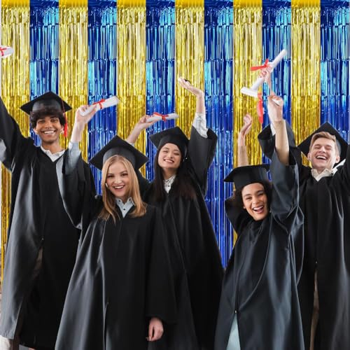 Image of Graduation Party Decoration 2 Pack 3.2x6.6 ft Blue Gold Metallic Tinsel Foil Fringe Streamers Curtain Photo Booth Background for Graduation Prom Wedding Birthday Party Decorations