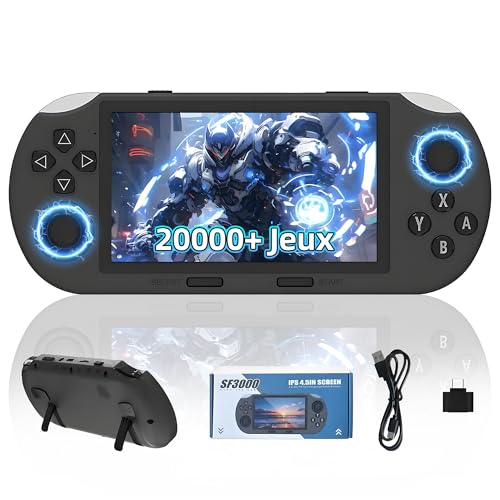 SF3000 Console de Jeux Vidéo Portable 64Go, Rétro avec 20000+ Jeux Rétro Intégrés et 14+ Émulateurs, Écran IPS HD 4,5 Pouces, Batterie 3000mAh, Joystick 3D, Prise en Charge de la Sortie TV (Gris)