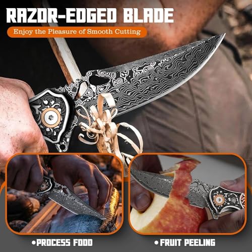 Freelander Damast Taschenmesser Klein, Outdoor Klappmesser aus Damaststahl – Ansicht 4