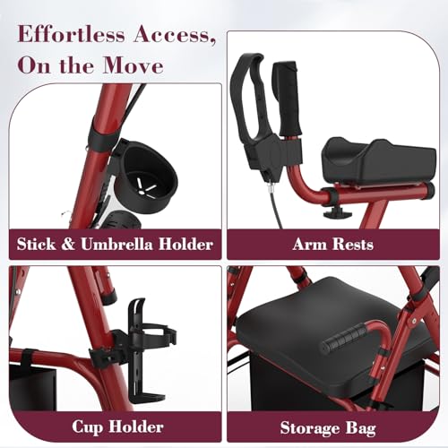 Image of Upright Rollator Walker, Heavy Duty Stand Up Walkers for Seniors with Seat and Reversible Backrest, Foldable Standing Rollator with 8 inch Anti-Slip PU Wheels, Red