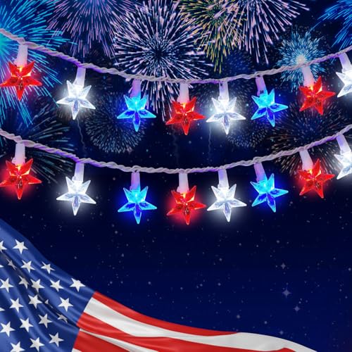 PASUTO 100 LED Red White and Blue Star Lights, 37FT 4th of July Star String Lights Plug in for Home Patio Garden Yard Memorial Day Independence Day Patriotic Decorations Outdoor, White Wire