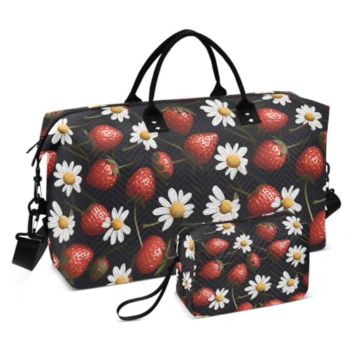 Strawberry Daisy Flower Black Travel Duffle Bag Gym Bag Weekender Bags with Toiletry Bag Travel Trip Tote Bag