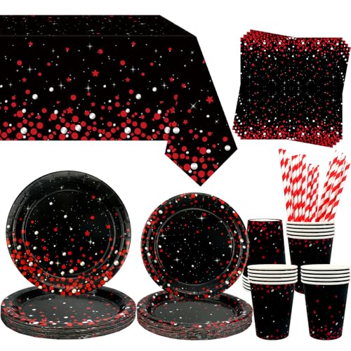 Obussgar Red Black Party Decoration - Red Black Birthday Party Tableware Supplies Includes Plates, Cups, Napkins, Tablecloth, Straws - Serves 20