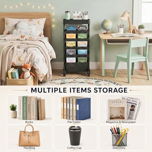 Image of BYFU 6-Tier Rolling Bookshelf, Multi-Functional Storage Rolling File Cart with Lockable Casters for Office Kitchen Classroom Organization and Storage, Black