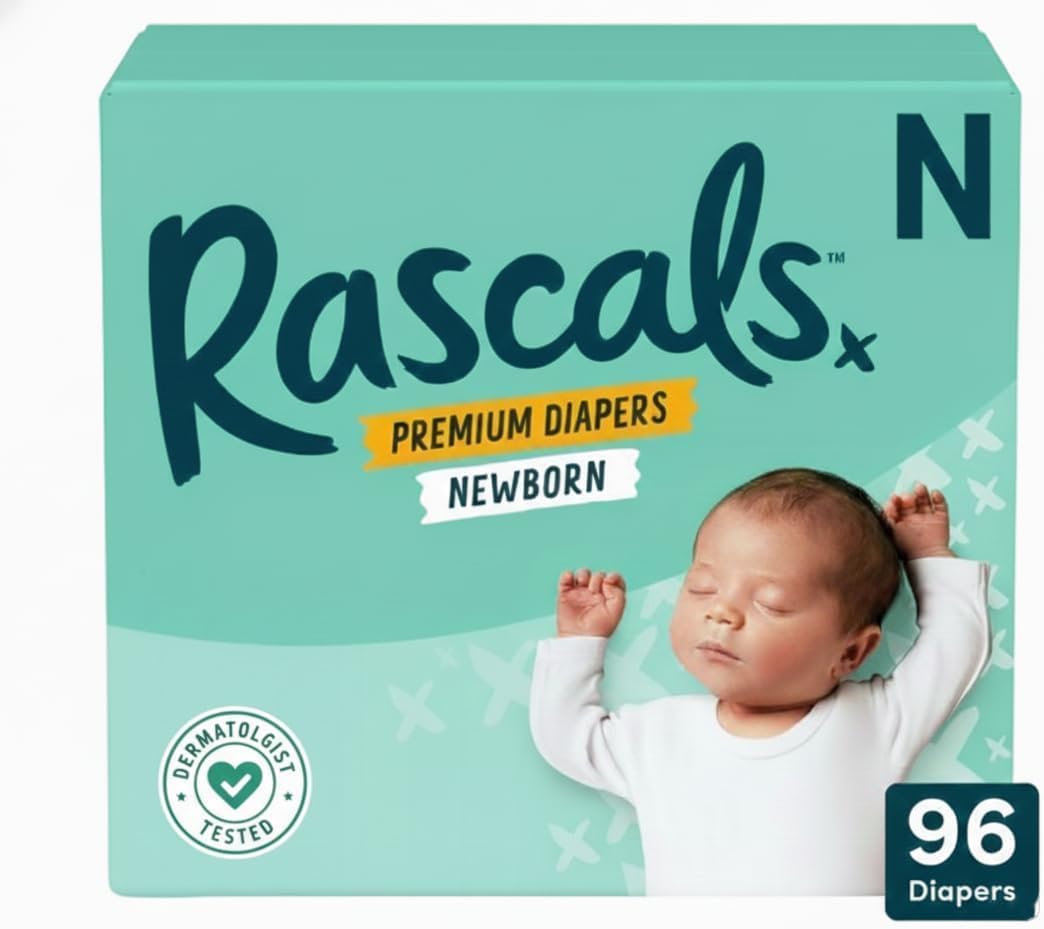 Rascal + Friends New~Born Premium Diapers, Size N, 96 Count, (Pack of 1) (Packaging May Vary)