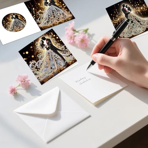 Image of AiYuanzsh 6 Pack Diamond Painting Greeting Cards with Envelopes, DIY 5D Diamond Art Card Kit Romantic Wedding Couples, 30x15cm Handmade Rhinestone Cards Crafts for Wedding Wishes and Celebration