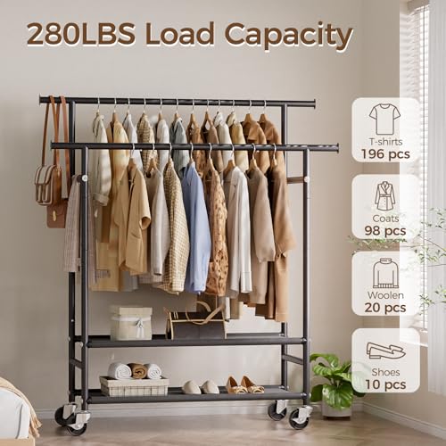 HYSEYY Double Rods Rolling Clothes Rack with 2-Tier Shelves - image 2