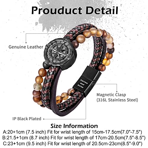 Image of Men's Bracelet Leather with Compass, Braided Leather Bracelets for Men Magnetic Clasp 7.5 /8.5 /9.5 inch Gift for Husband Boyfriend Father