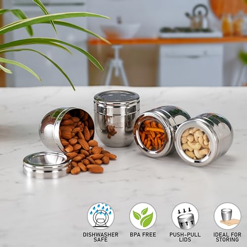 Image of Sumeet Stainless Steel Conical Shape Canisters /Dabba /Storage Containers for Kitchen with See Through Lid, Set of 4 Pcs, 250ml Each, 7cm Dia, Silver