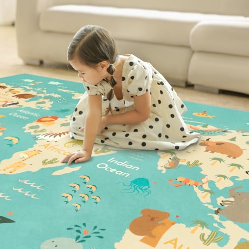 Image of Hazo Haus Washable Kids Playroom Rug - 5x7 Play Rug for Preschool Toddlers, Girls, Educational with Cute Animals - Non-Slip, Stain Resistant, Soft & Safe for Bedroom, Play Room and Classroom - Blue