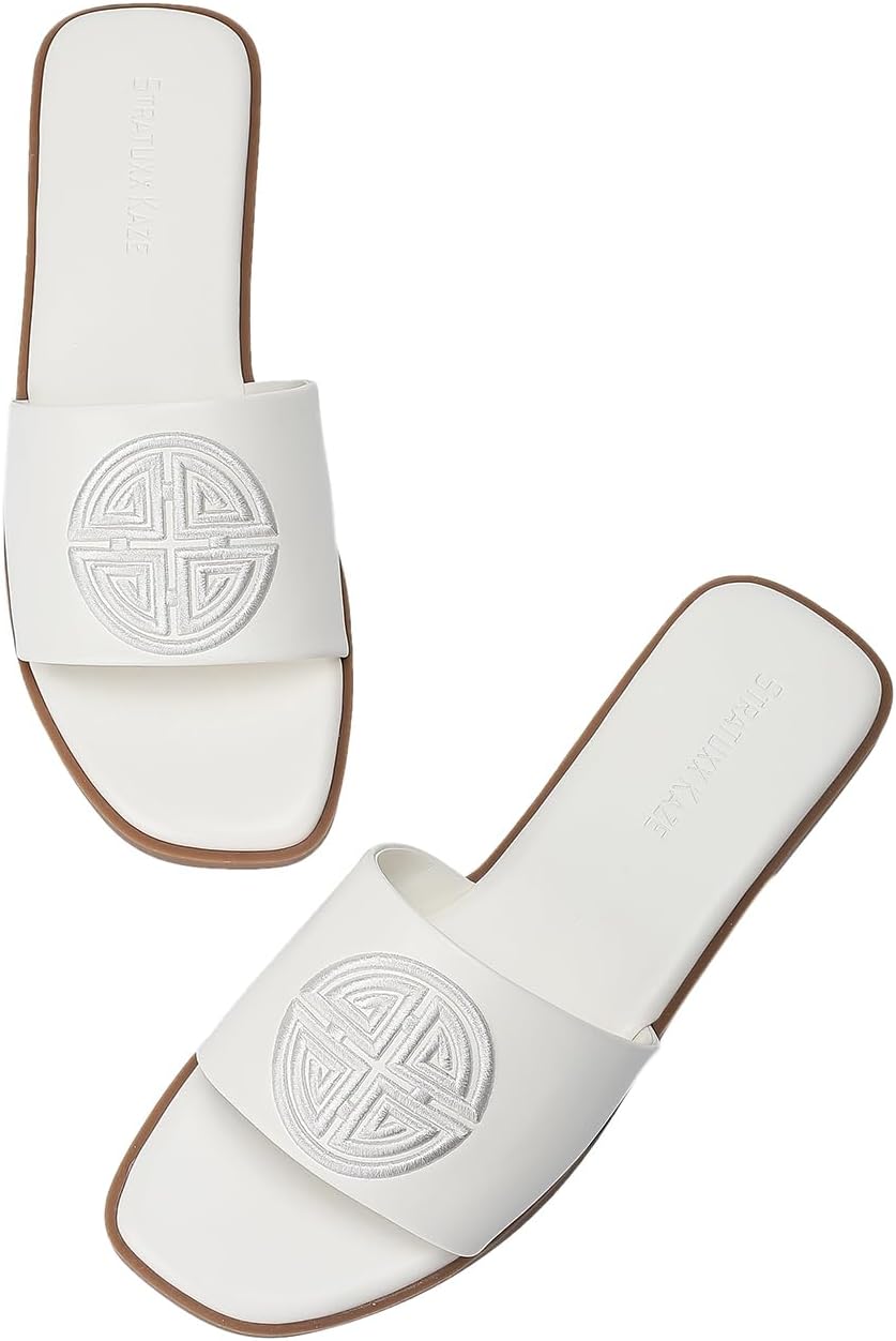 Stratuxx Kaze Womens Flat Sandals Dressy Summer Slide with Memory Foam Comfortable Cute Leather Black Sandals for Women