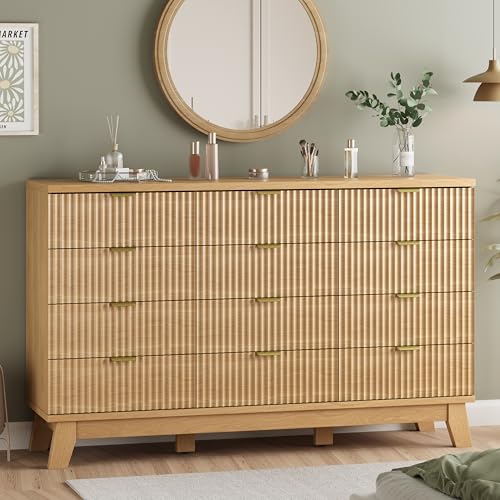 Image of Fluted Dresser for Bedroom with 12 Drawers, 57" Wide Modern Chest of Drawers with Metal Handle, Wooden Dresser TV Stand, Wood Closet Clothes Storage Organizer for Living Room, Hallway, Natural Oak