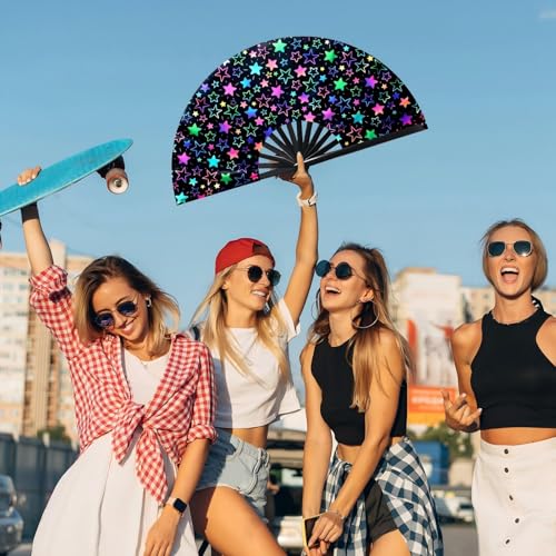 Image of FairySandy Large Rave Fan UV Glow Hand Fan with Holster for Men Women Carnival Gear Disco Party Supplies for Carnival Edm Music Festival Club Accessories Performance(Star,Mixed Color)