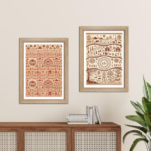 Image of TenorArts Traditional Tribal Folk Art Photo Frame Set of 2 , Indian Rural Arts Decor Wall Hanging Painting For Bedroom Living Room Cafe and Home decor / Minimal Drawing Framed Posters for Decoration (9x12 inches) [T2P-09T]