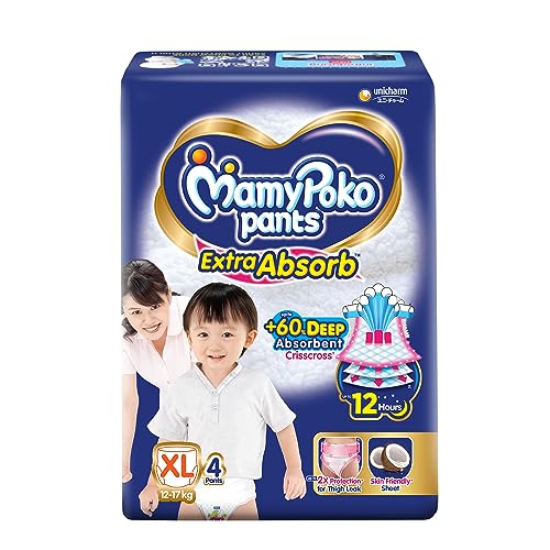 Image of MamyPoko Pants Extra Absorb Baby Diapers, X-Large (XL), 4 Count, 12-17 Kg, Clear