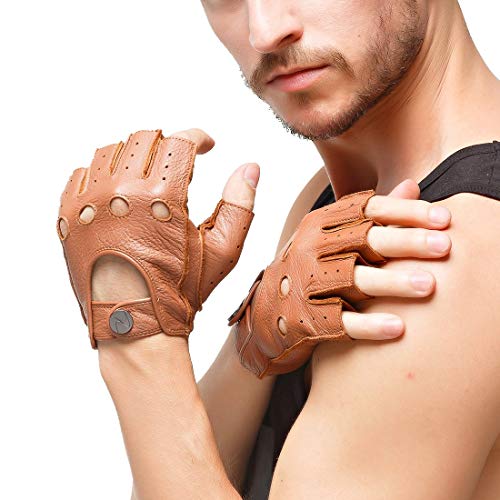 NAPPAGLO 上等品 メンズ 男性用 ショート 鹿革 レザー 手袋 穴デザイン U型嵌め口 全て外縫い 指なし 夏 春 秋 ドライブ バイク グローブ （L カーキ）