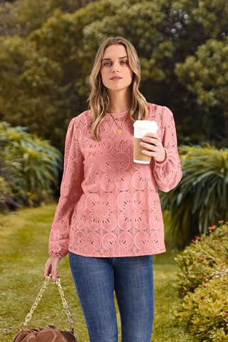 Image of OFEEFAN Blouses for Women Dressy Casual Spring Tops 2026 Summer Outfits Flower Lace Crochet Long Sleeve Shirts