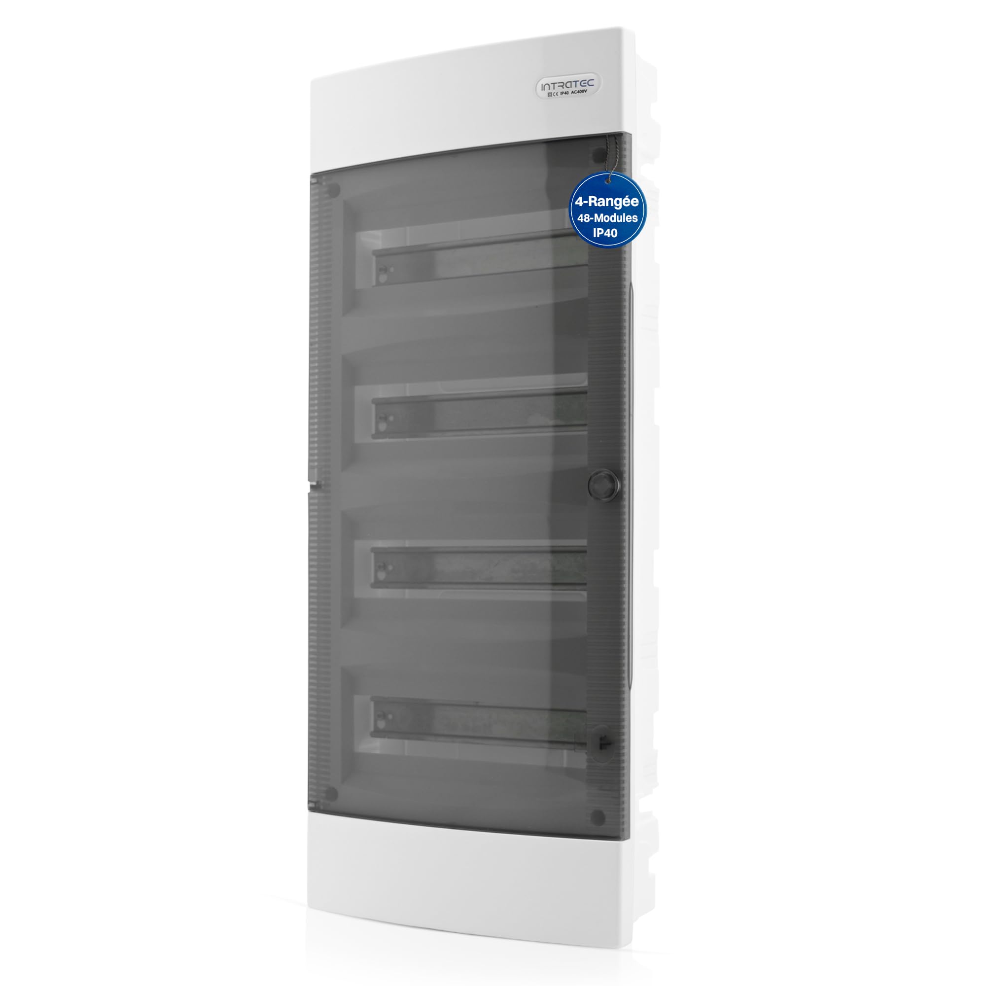 Intratec Coffret de Distribution Encastré 4 Rangée – Coffret IP40 pour 48 Modules avec Porte Transparente et Rail pour Installation Électrique Facile à Domicile & en Entreprise – 676 x 283 x 106mm