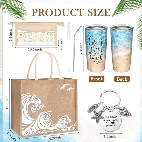 6 Pcs Beach Gifts for Women Set Beach Theme Gift Set Burlap Tote Bags Cosmetic Bag 20 oz Tumbler Keychain for Wedding Bride Bridesmaids Lover Holiday Travel(Classic)2