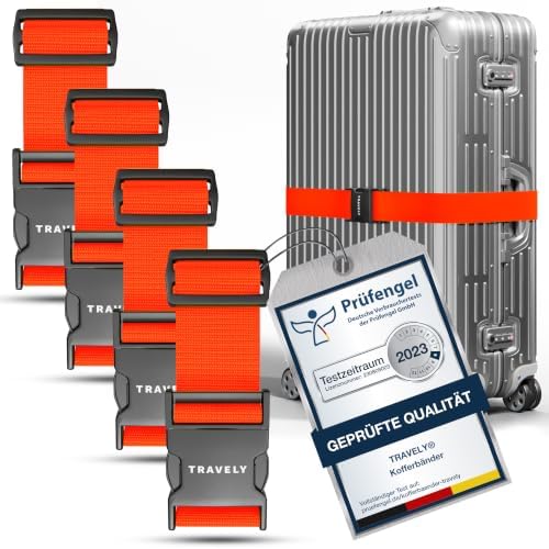 Travely® Premium Koffergurt - Besonders Auffällig & Sicher - Inkl. 4 Namensschildern - Gepäckband ideal über Kreuz - [4er Set] - Orange