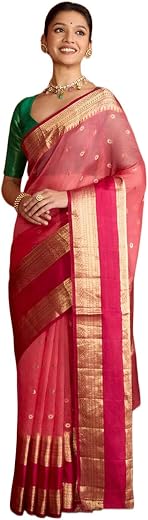 Taneira Women Light Pink Pure Silk Organza Cutwork Banarasi Saree with Unstitched Blouse Piece (SPG08BAB6655-Light Pink)
