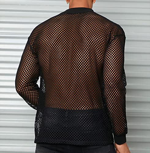 Ymosrh Men's Long Sleeve Shirts Fishnet Shirt Top Mesh Transparent Muscle T-Shirt Net Undershirt Top T Shirt, M-4XL3