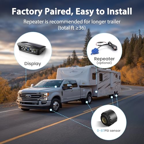 Tymate TM3 RV Tire Pressure Monitoring System, Tire Pressure Monitor with Solar Charge, TPMS with 4 Sensors(Max to 10) & 6 Alarm Modes, 2024 Updated w/Color LCD Display, 0-87PSI for RV/Trailer/Truck - Image 5