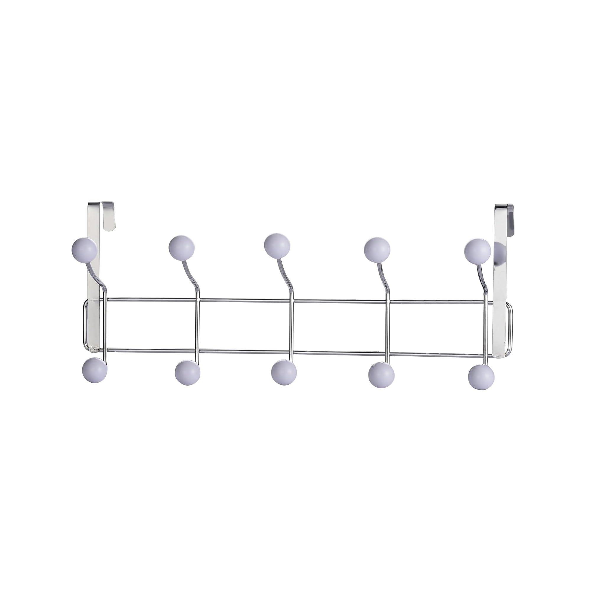 Buckingham 10 Hook Over The Door Coat Hanger - Silver Chrome Plated Metal with White Plastic Balls - Space Saving Storage
