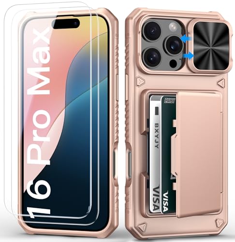 BXYJY for iPhone 16 Pro Max Case Wallet with Screen Protector (Tempered Glass), Slide Camera Cover, Card Holder (4-5 Cards), Military Grade Heavy Duty Men Women Case for iPhone 16Pro Max, Rose Gold