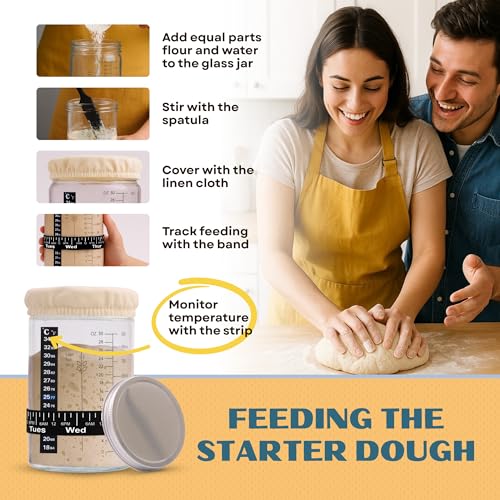 Image of Sourdough Starter Jar Kit 34oz - Wide Mouth Glass Jar with Thermometer Strip, Feeding Day Tracker, Silicone Spatula, Cloth Cover, Measuring Cups & Metal Lid for Homemade Artisan Sourdough Bread Baking