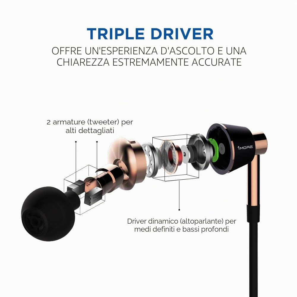 1MORE Triple Driver Auricolari In-Ear Cuffie con Alta Risoluzione, Bassi Profondi Stereo Universale, MEMS Microfono, In-Line Remoto Controllo per iPhone/Android/PC/Tablet –Oro