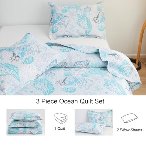 Beach Quilt Set King Size Coastal Bedding Lightweight Reversible Quilts Nautical Bedspreads Beach Theme Coverlet Set Conch Coral Shell Printed Comforter Set with 2 Pillow Shams - Image 9
