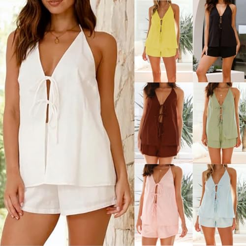Linen Set for Women - 2 Piece Suits Set Tie Front Top Linen Vest Women Y2k Backless Tank Top Going Out Tops (White,M,Medium)4