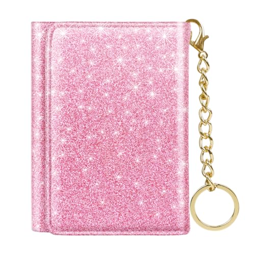 Image of Trifold Small RFID Blocking Wallet Pocket Cute Short Slim Sparkling Credit Card Holder Leather Keychain Ladies Mini Purse with ID Window, Glitter Peach