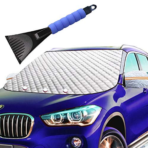 Car Windshield Snow Ice Winter Cover 62X49 Extra Large with 4 Layers Full Wiper Protector Magnetic Windshield Covers for Most Car SUV Truck Van Snow Ice Sun Frost Defense Side Mirror Covers