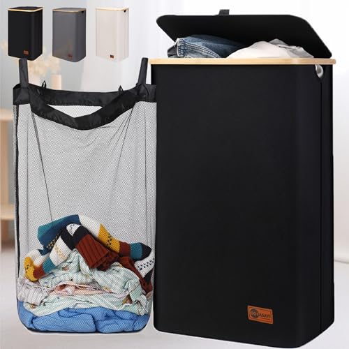 Image of DOFASAYI Laundry Hamper with lid - 120L XL- Large Laundry Basket with Bamboo Handles, Portable Clothes Hamper for Dorm Room, Bathroom, bedroom, Grey foldable Hamper for Toys, closet, Clothing,Black