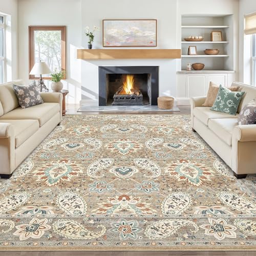 Tortania Area Rug Living Room Rugs - 9x12 Washable Boho Rug Vintage Oriental Distressed Farmhouse Large Thin Indoor Carpet for Living Room Bedroom Under Dining Table Home Office - Paisley Brown